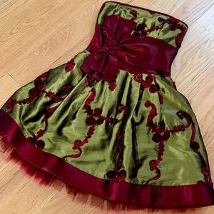 Vintage Jessica McClintock Strapless Olive & Burgundy Party Dress, size 2